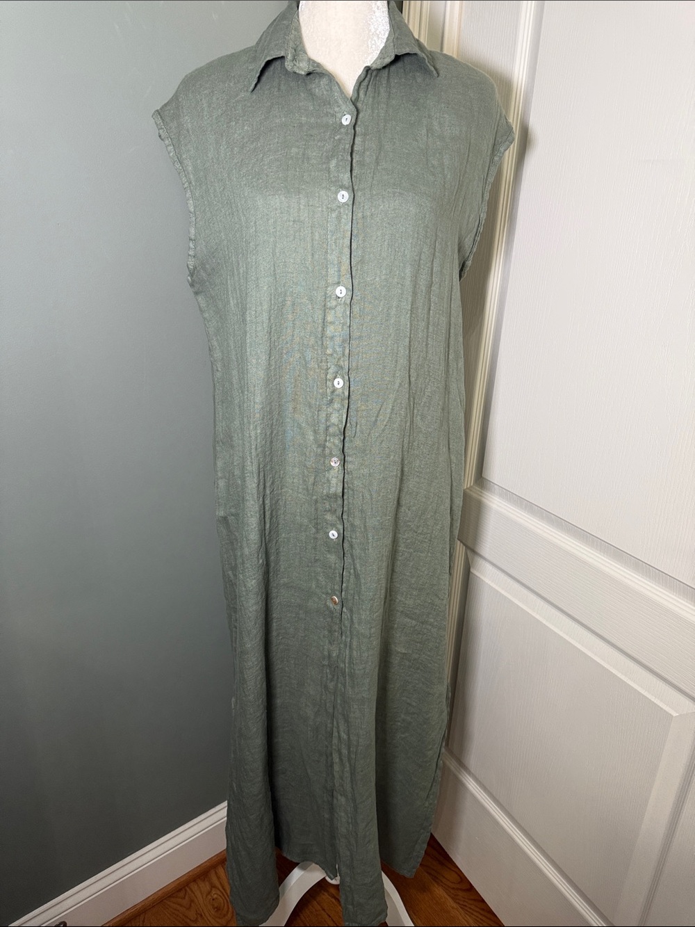 Le Femme NWT 100% Linen Maxi Shirt Dress S Army Green Made in Italy